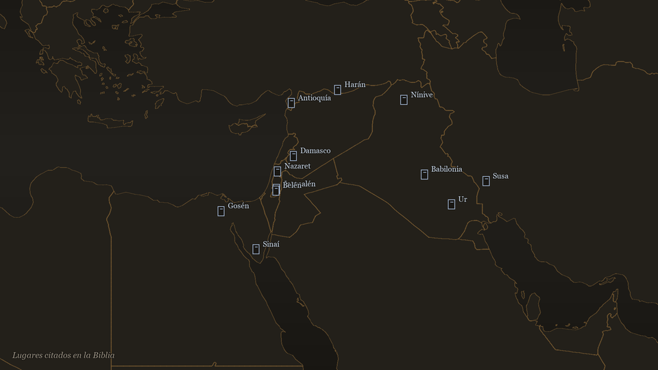 Mapa del Levante y Mesopotamia con los lugares bíblicos señalados: Jerusalén, Babilonia, Ur, Harán, el Sinaí y Antioquía.