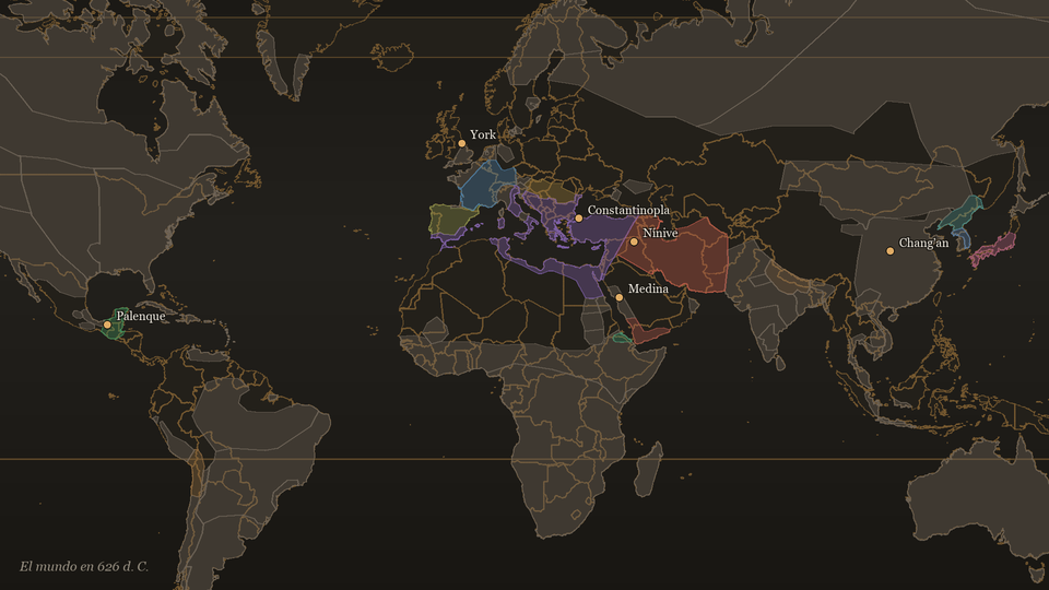 Mapa mundial en el año 626 con los territorios de Bizancio, la Persia sasánida, los francos y los visigodos coloreados.